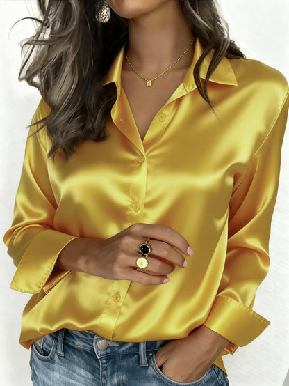 Pink women's satin button-up blouse with a collar, ideal for office or casual wear, suitable for autumn, winter, and spring.