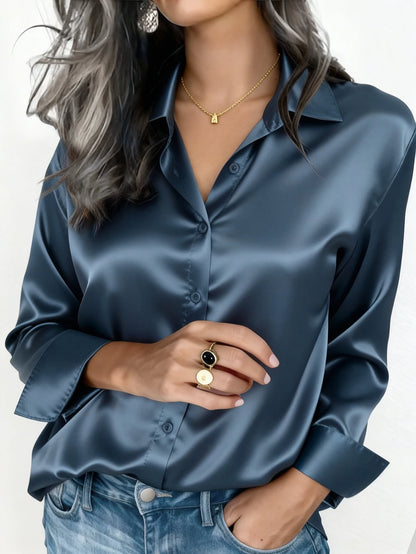 Pink women's satin button-up blouse with a collar, suitable for office or casual wear, perfect for autumn, winter, or spring.