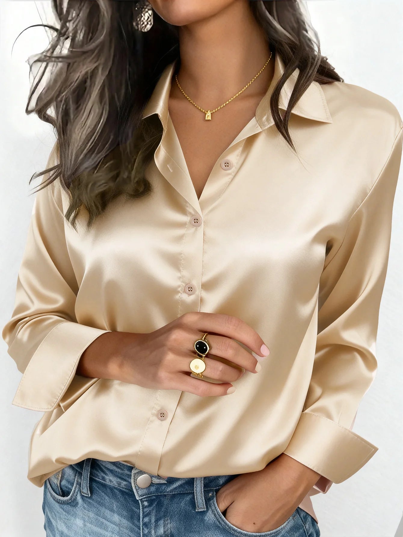 Pink women's satin button-up blouse with a collar, suitable for office or casual wear in autumn, winter, and spring.