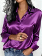 Pink women's satin button-up blouse with a collar, suitable for office or casual wear, ideal for autumn, winter, and spring.