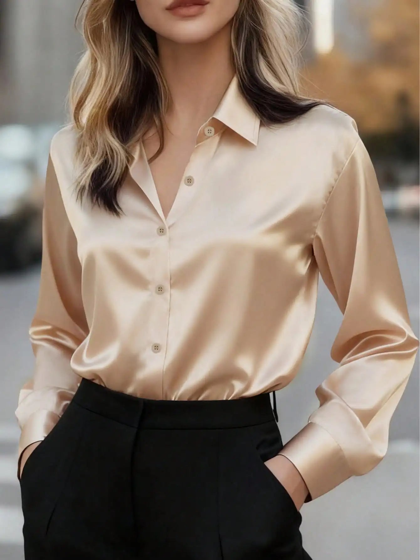 Pink women's satin button-up blouse with a collar, ideal for office or casual wear in autumn, winter, or spring.