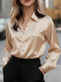 Pink women's satin button-up blouse with a collar, ideal for office or casual wear in autumn, winter, or spring.