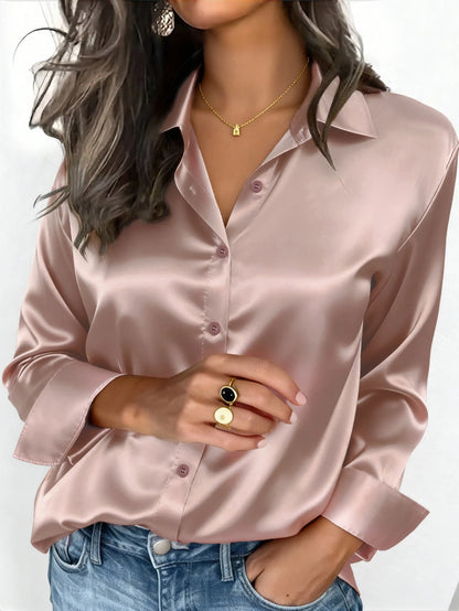 Women's pink satin button-up blouse with a collar, perfect for office or casual wear, suitable for autumn, winter, and spring.