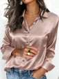 Women's pink satin button-up blouse with a collar, perfect for office or casual wear, suitable for autumn, winter, and spring.
