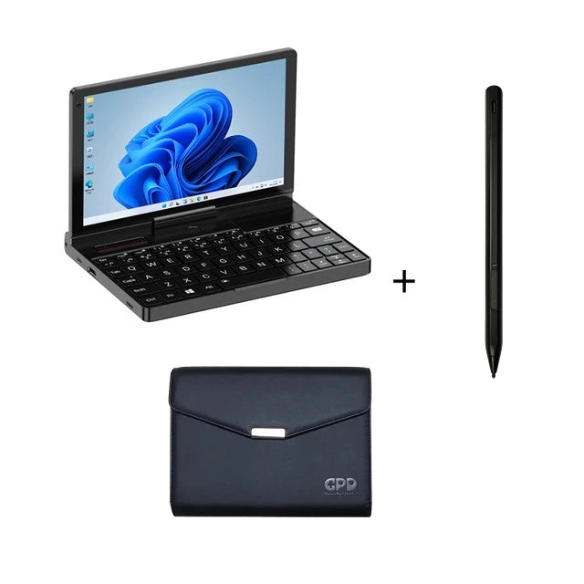 GPD Pocket 3 Mini Laptop with 8-inch screen, Intel Gold 7505, 16GB RAM, 512GB SSD, Windows 11, in a sleek black laptop bag
