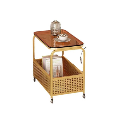 Cream-colored movable sofa trolley with a simple design, featuring side storage and wind-resistant construction.