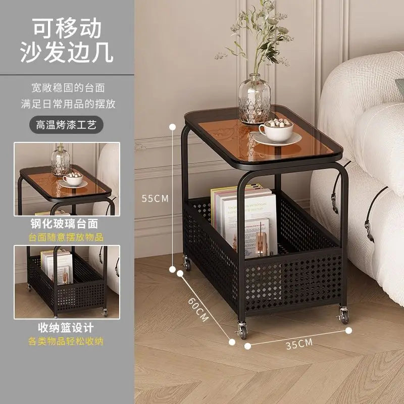 Cream-colored movable sofa trolley with simple design and wind-resistant side panels for versatile furniture support.