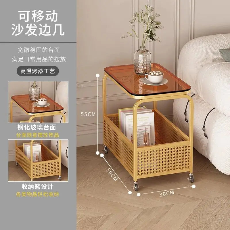 Cream-colored movable sofa trolley with simple design and wind-resistant features, ideal for easy side table use.