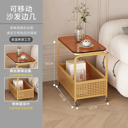 Cream-colored movable sofa trolley with simple design and wind-resistant features, ideal for easy side table use.