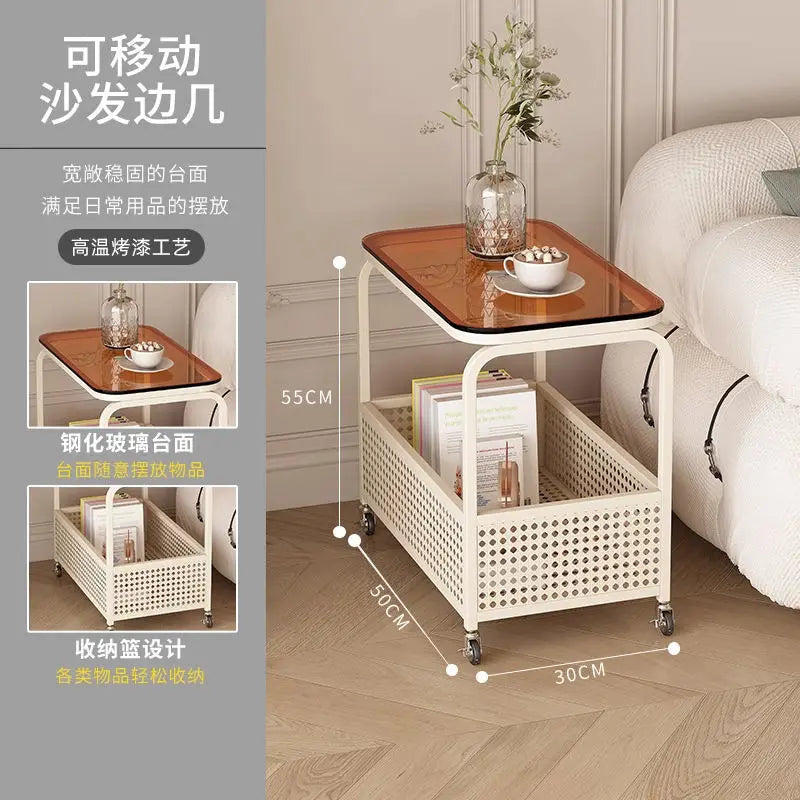 Cream-colored movable sofa trolley with simple design and side storage, perfect for organizing living room essentials.