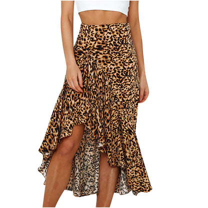 Leopard print floral A-line skirt in four colors, stylish and lightweight, worn with casual tops for a trendy look.