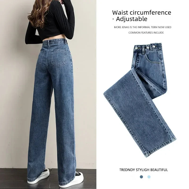 Light blue loose women’s high waist jeans with adjustable waistband, straight fit, cotton fabric, casual retro style.