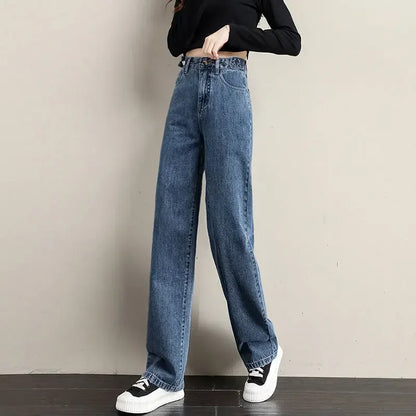 Light blue loose women’s high waist jeans with straight leg fit, cotton fabric, and retro style, featuring an adjustable waistband.