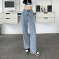 Light blue loose women’s high waist jeans with adjustable fit, straight-leg design, cotton fabric, retro style, casual and comfortable.