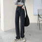 Light blue loose women’s jeans with high waist, straight fit, cotton fabric, and retro style, featuring adjustable waist and casual comfort.