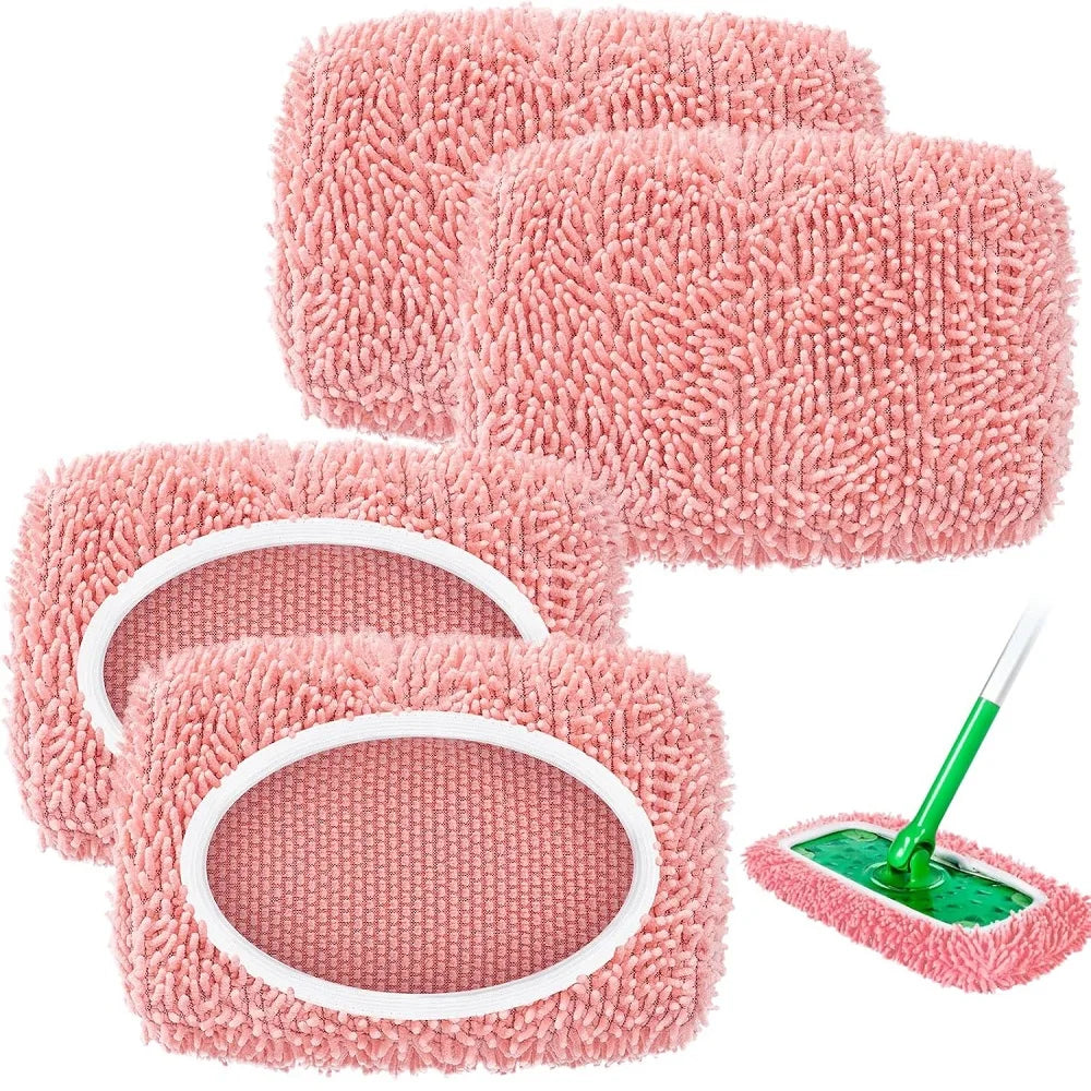 Light green 4-pack microfiber mop pads for Swiffer Sweeper, reusable and washable for dry and wet hardwood floor cleaning.