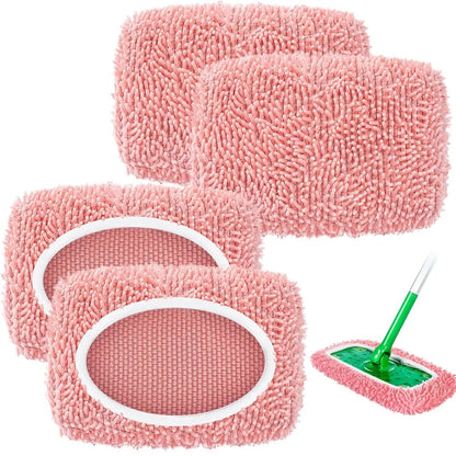 Light green 4-pack microfiber mop pads for Swiffer Sweeper, reusable and washable for dry and wet hardwood floor cleaning.