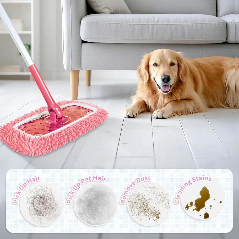 Light green microfiber mop pads for Swiffer Sweeper, reusable and washable for dry and wet cleaning on hardwood floors.