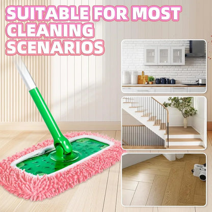 Light green 4-pack microfiber mop pads for Swiffer Sweeper, reusable washable cleaning cloths for hardwood floor surface.