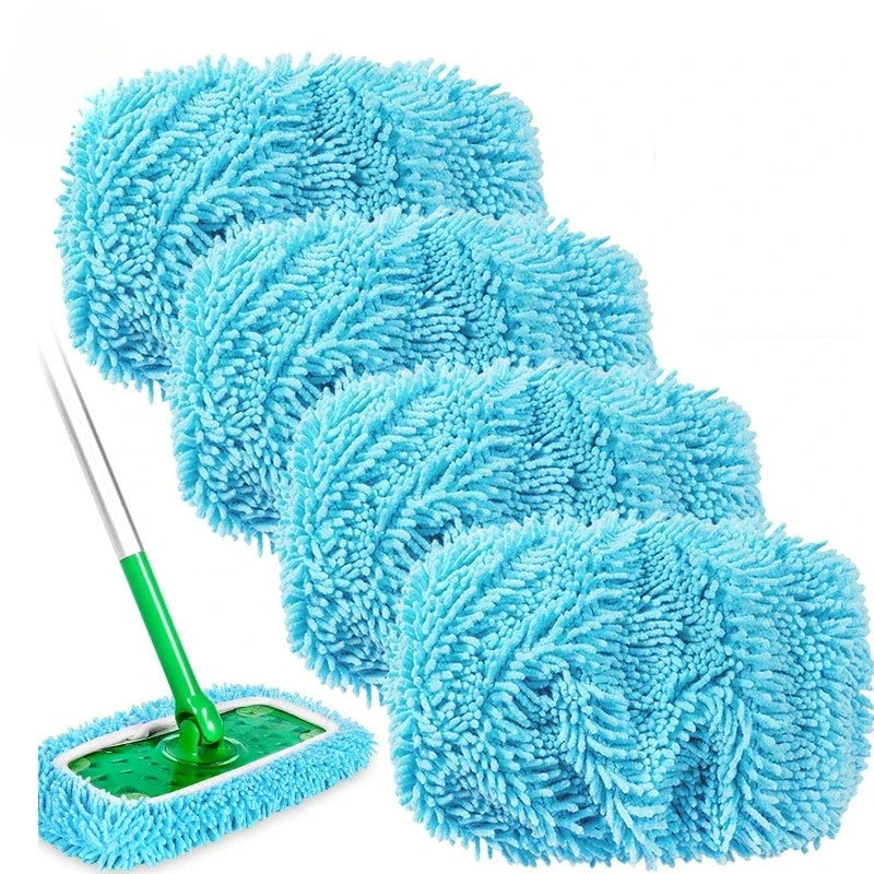 Light green 4-pack microfiber mop pads for Swiffer Sweeper, reusable and washable for dry and wet hardwood floor cleaning.