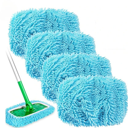 Light green 4-pack microfiber mop pads for Swiffer Sweeper, reusable and washable for dry and wet hardwood floor cleaning.