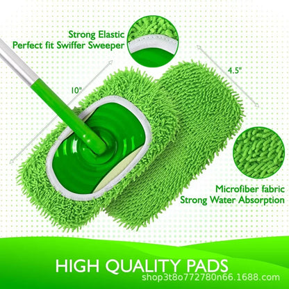Light green microfiber mop pads, 4-pack, reusable for Swiffer Sweeper, suitable for dry and wet cleaning on hardwood floors.