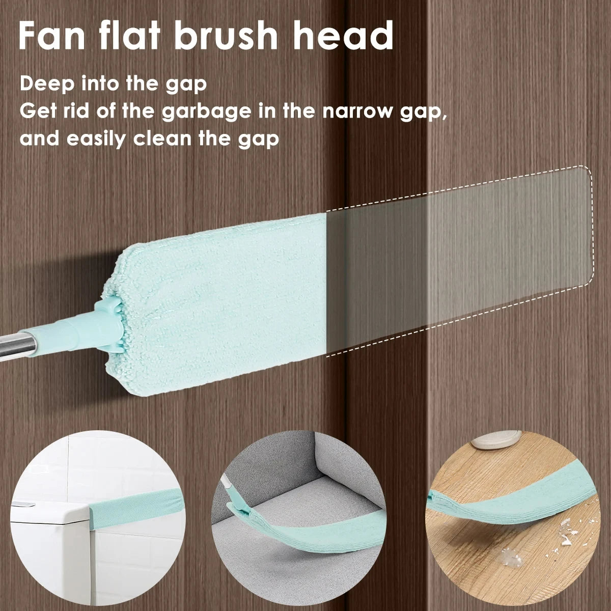 Light green BACKUPMYFILESNOW® Gap Dust Cleaner with retractable microfiber brush for cleaning sofa, bed, and furniture bottoms.