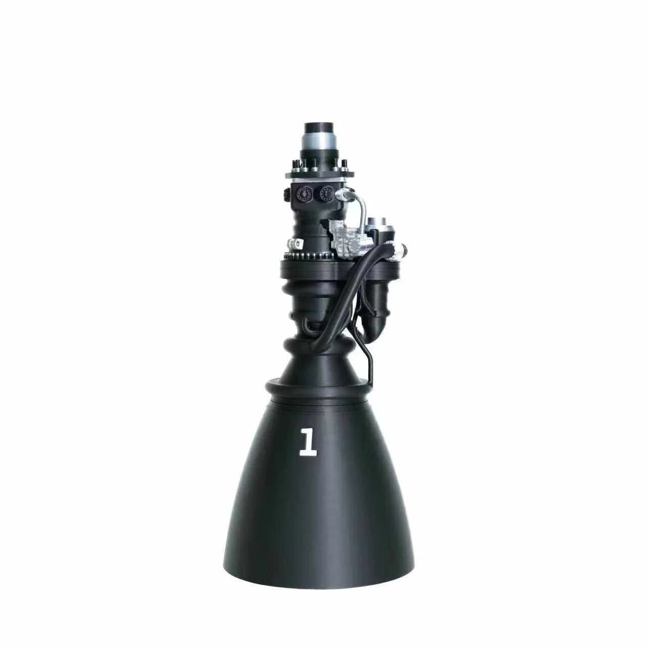 3D printed model of SpaceX Raptor 3rd Generation engine in light grey, showcasing detailed engine components.