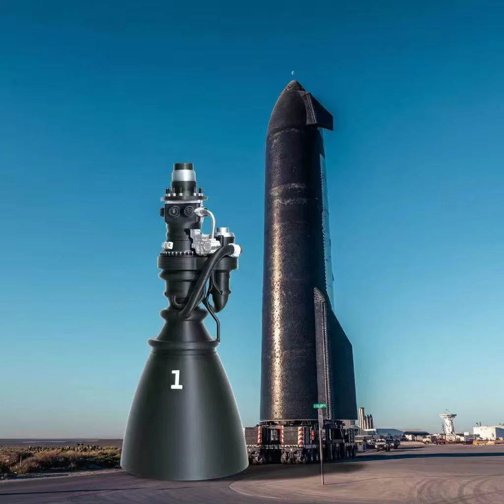 Light grey 3D printed model of SpaceX Raptor 3rd Generation engine by BACKUPMYFILESNOW.COM® showing detailed engine design.