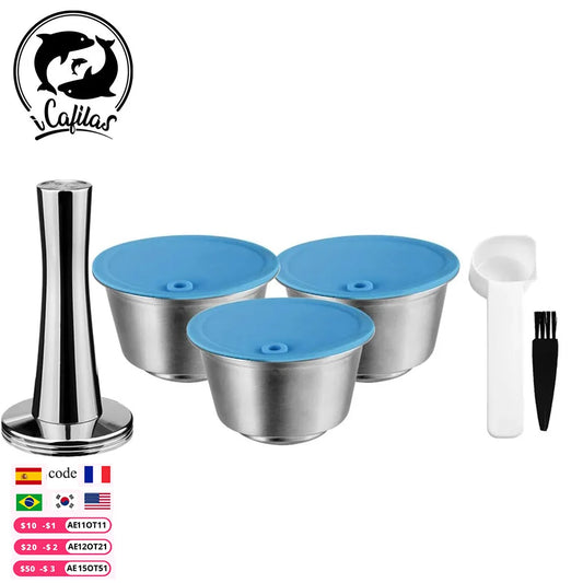 Rechargeable stainless steel coffee capsule for Dolce Gusto by iCafilas, with refillable coffee filter cup for coffee accessories.