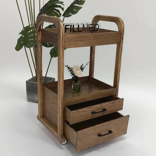 Premium wooden beauty cart with drawers, mobile salon trolley for makeup storage, professional SPA organizer with wheels.