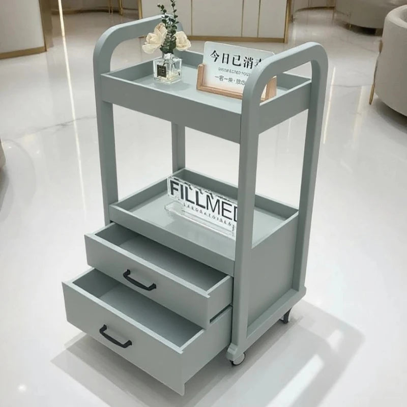 Light wood-colored Premium Beauty Cart with drawers, mobile salon trolley, professional makeup storage cabinet with wheels.