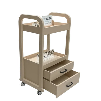 Light wood-colored premium beauty cart with drawers, mobile salon trolley for professional makeup storage and spa organization.