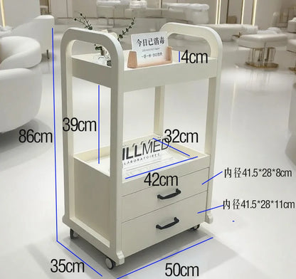 Light wood premium beauty cart with multiple drawers, mobile salon trolley for professional makeup storage and organization.
