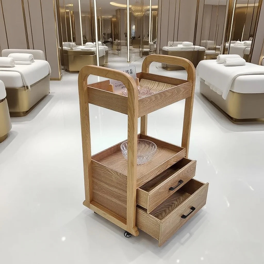Premium wooden beauty cart with drawers, mobile salon trolley for professional makeup storage and spa organization.