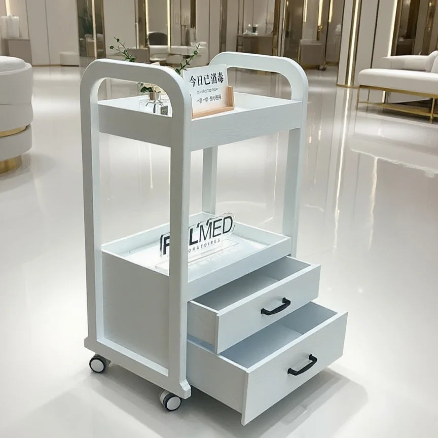 Light wood color premium beauty cart with drawers, mobile salon trolley for professional makeup storage and SPA organization.