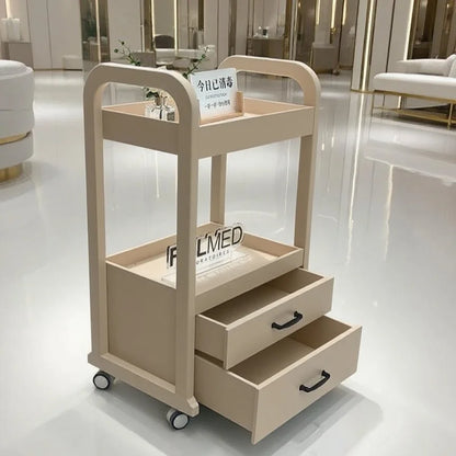 Premium wooden beauty cart with drawers, mobile salon trolley for professional makeup storage, ideal for SPA and salon use.