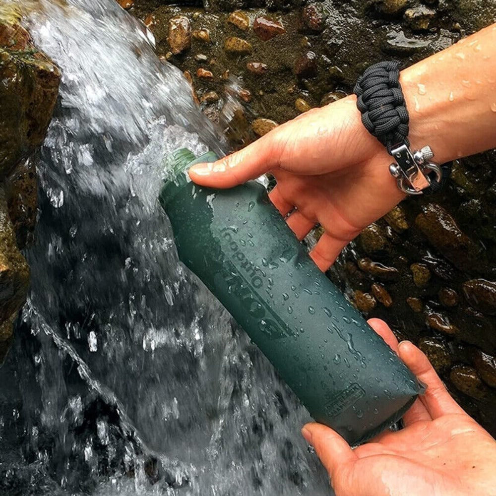 Light yellow foldable drinking water bottle bag for outdoor use by BACKUPMYFILESNOW.COM®, portable and lightweight for outdoor activities.