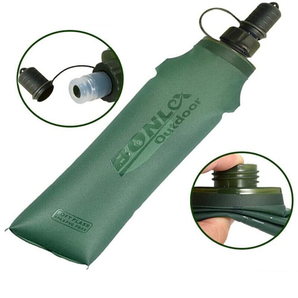 Light yellow foldable drinking water bottle bag by BACKUPMYFILESNOW.COM® for outdoor activities, compact and lightweight for easy carrying.