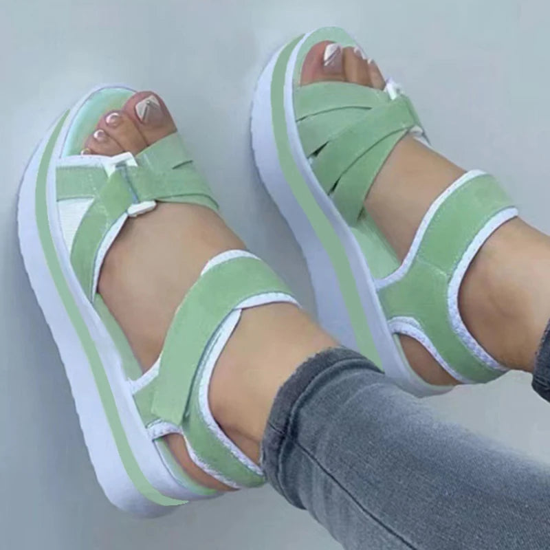 Light blue women's summer wedge sandals featuring outdoor walking and beach footwear design, ideal for parties and casual outings.