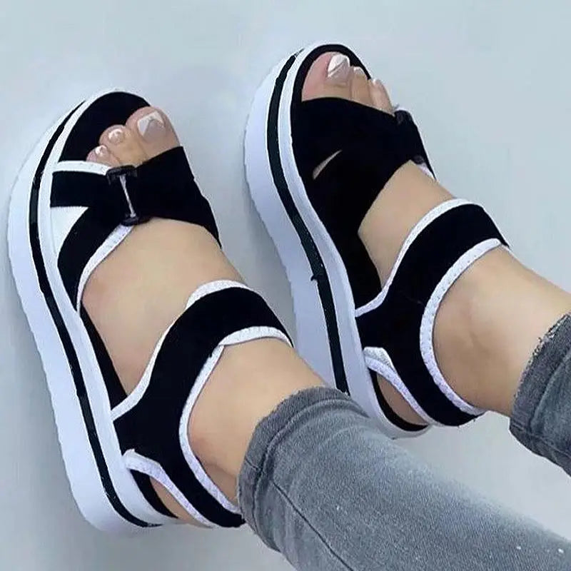 Light blue women's summer wedge sandals with open toe and ankle strap, outdoor walking and beach footwear for women.