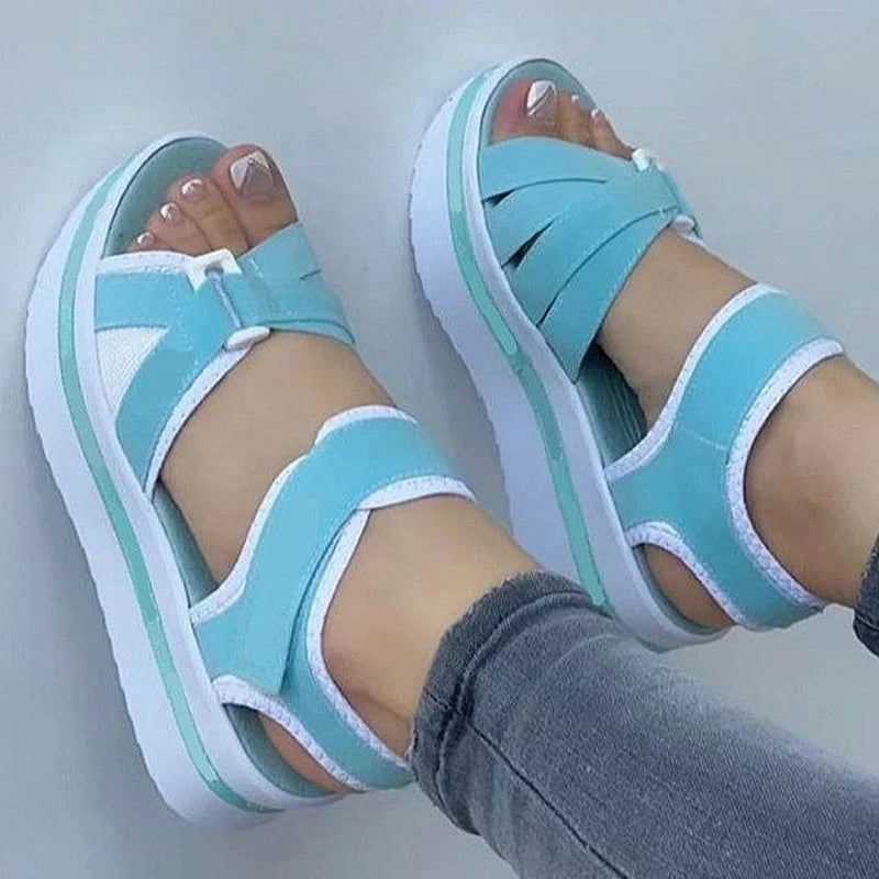 Light blue BACKUPMYFILESNOW.COM® summer wedge sandals for women, outdoor walking, beach footwear, and party wear.