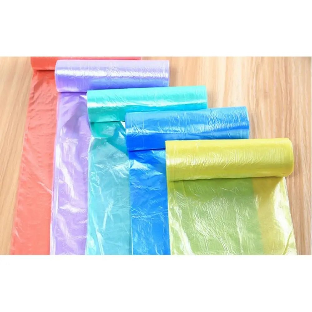 Set of five rolls of 45x50cm disposable trash bags by BACKUPMYFILESNOW.COM®, thick, household garbage pouches for waste disposal.