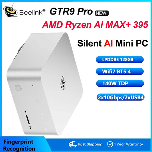 Beelink GTR9 Pro AMD Ryzen AI MAX+ mini PC with Windows 11, 128GB RAM, 2TB storage, WiFi 7, Bluetooth 5.4, 8K support.