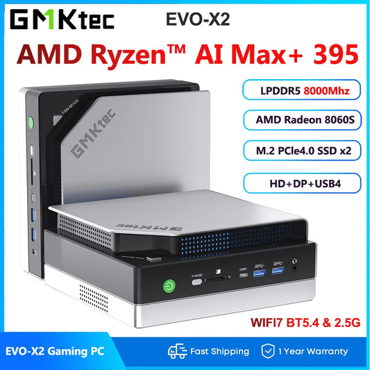 GMKTec EVO-X2 AMD Ryzen Mini PC with 128GB RAM, 2TB NVMe SSD, Windows 11 Pro, Wi-Fi 7, Bluetooth 5.4, 8K gaming capabilities