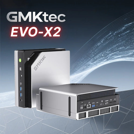 GMKtec EVO-X2 Mini PC with Ryzen, 64GB LPDDR5, 2TB SSD, Windows 11, USB 4.0, WiFi 7, Bluetooth 5.4, compact desktop computer.