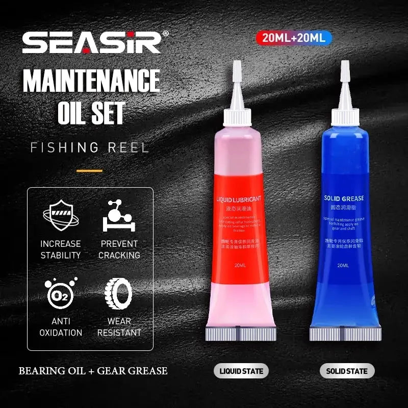 Two 20ml bottles of SEASIR protective grease and lubricant oil for fishing reel bearing maintenance, shown with fishing tools.