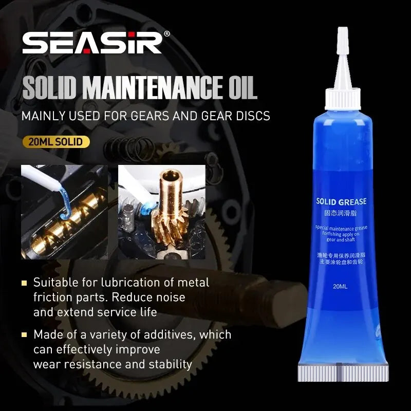 SEASIR Protective Grease and Lubricant Oil for fishing reel bearings, shown in 20ml tubes, ideal for fishing reel maintenance.