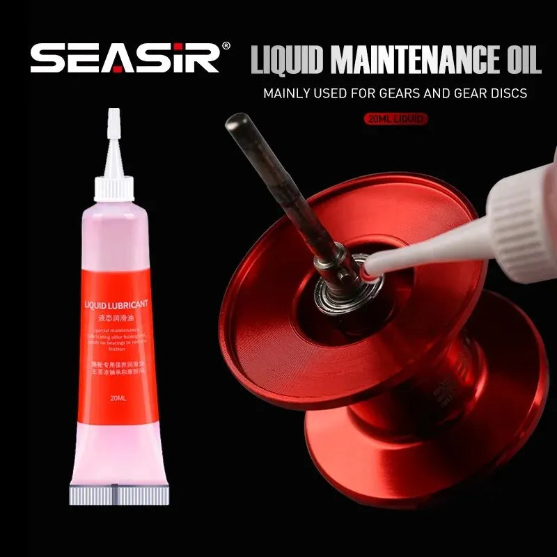 SEASIR protective grease and lubricant oil for fishing reel bearings, 20ml tubes, shown with fishing maintenance tools.