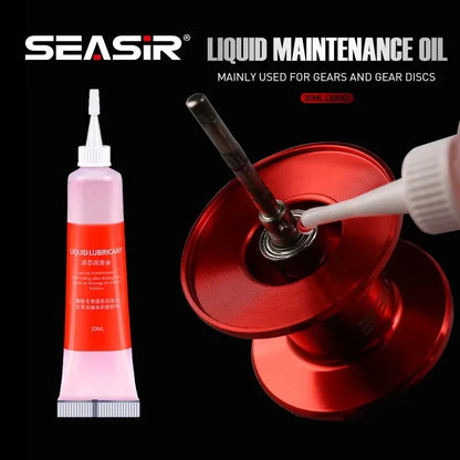 SEASIR protective grease and lubricant oil for fishing reel bearings, 20ml tubes, shown with fishing maintenance tools.